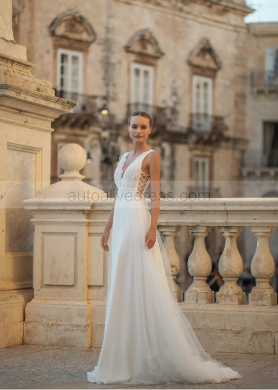 Deep V Neck Ivory Lace Tulle Fashionable Wedding Dress